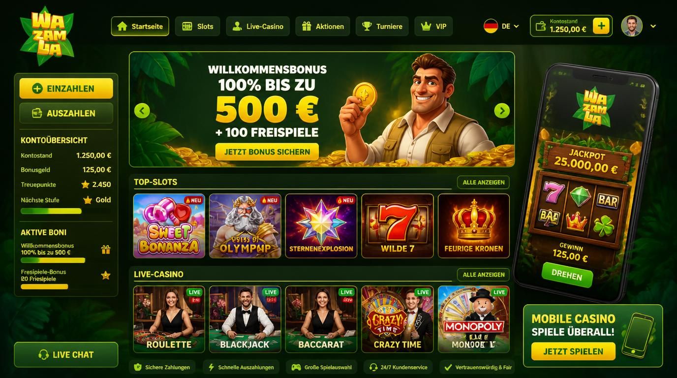 Ein Screenshot eines Casino-Lobby mit Slots-Thumbnails, Live-Casino-Tisch und mobilen Interface