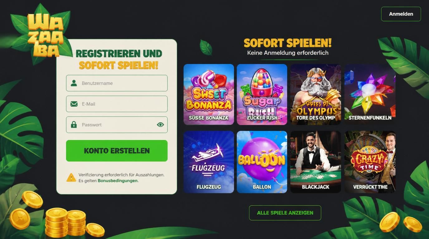 Registrierungsmaske mit wenigen Feldern, Icon Alarm/KYC, Spieleauswahl sichtbar